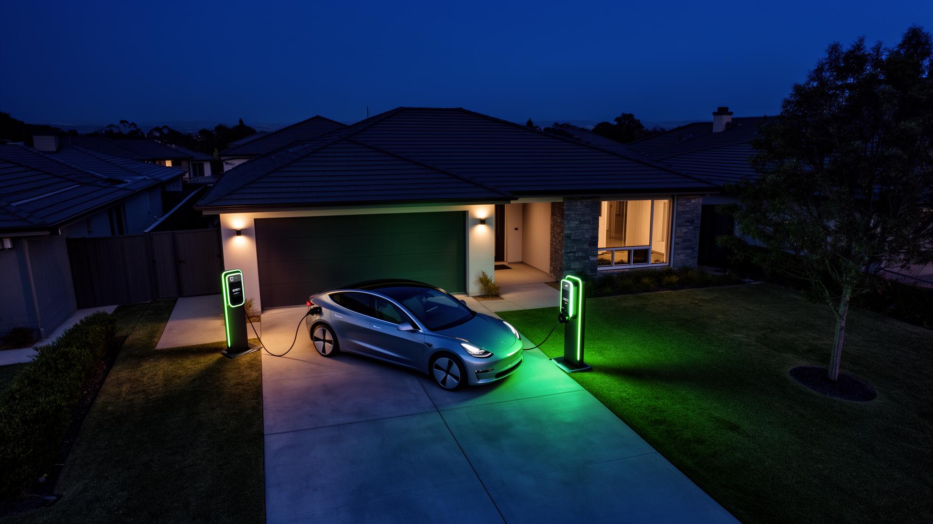 Modern driveway at twilight with an EV plugged into a charger