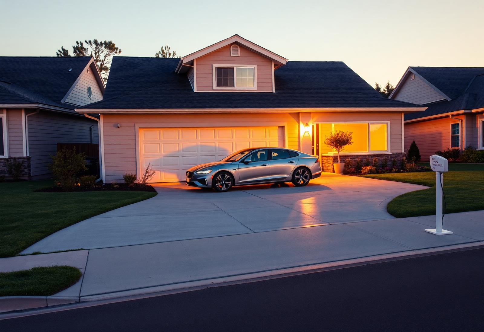 Private suburban driveway with a parked car at golden hour